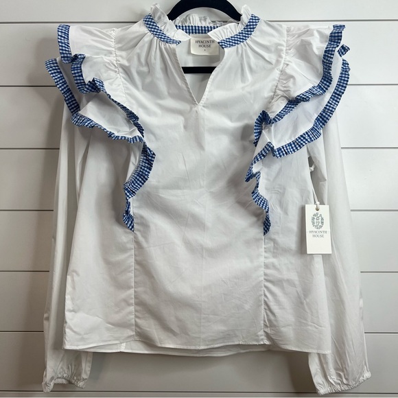 Hyacinth House Blue White Long Gingham Trim Sleeve Ruffle Blouse. Small. NWT. - Picture 3 of 14